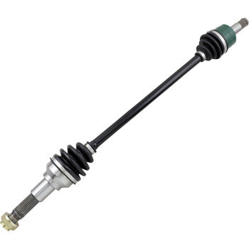 Black metal CV axle shaft with silver joints and protective rubber boots on both ends.