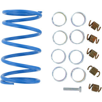 A Clutch Kit by Epi—including a blue coil spring, six metal rings, four small rusted springs, and a metal bolt, all used for plowing and hauling—is arranged neatly on a white background.