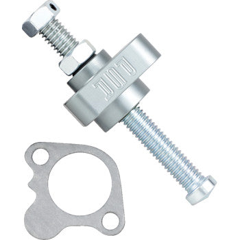 Silver metal Polaris cam chain tensioner with threaded bolt and accompanying gasket plate.