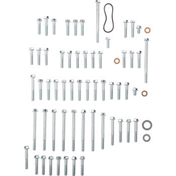 The Honda TRX R Engine Fastener Kit by Bolt features assorted metal bolts, washers, and gaskets—including dimpled flange bolts—neatly arranged in rows on a white background, perfect for engine assembly.