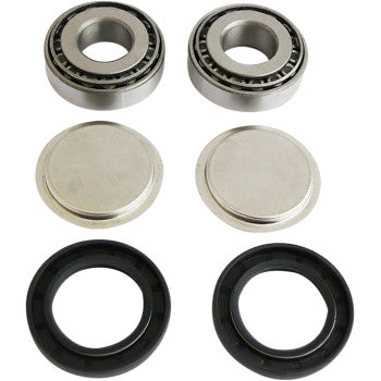 The Swingarm Repair Kit by Epi includes two OEM-quality tapered roller bearings, two flat metal covers, and two black circular rubber seals arranged in pairs.
