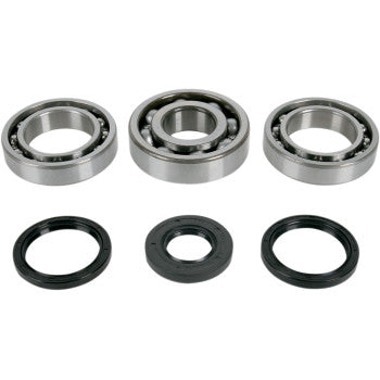The Polaris Differential Bearing Seal Kit Front by Moose Offroad includes three metal EMQ quality bearings and three black rubber or plastic seals, arranged on a plain white background.