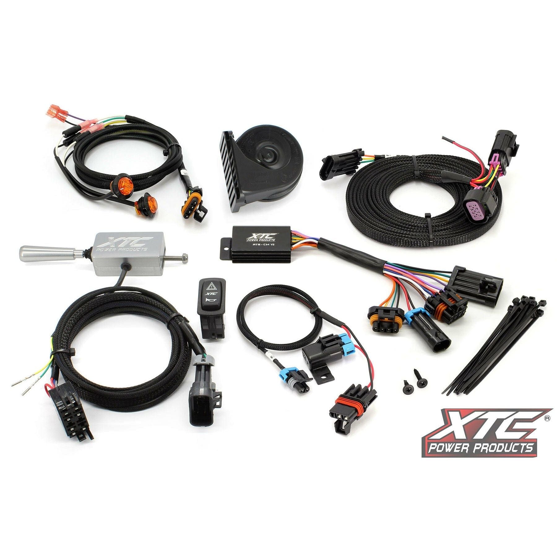 The Auto Turn Signal Kit W/Billet Column Lever By XTC Power includes wires, connectors, a button switch, relay, horn, zip ties, billet turn lever, and electronic modules—all shown on a white background with the XTC Power Products logo.