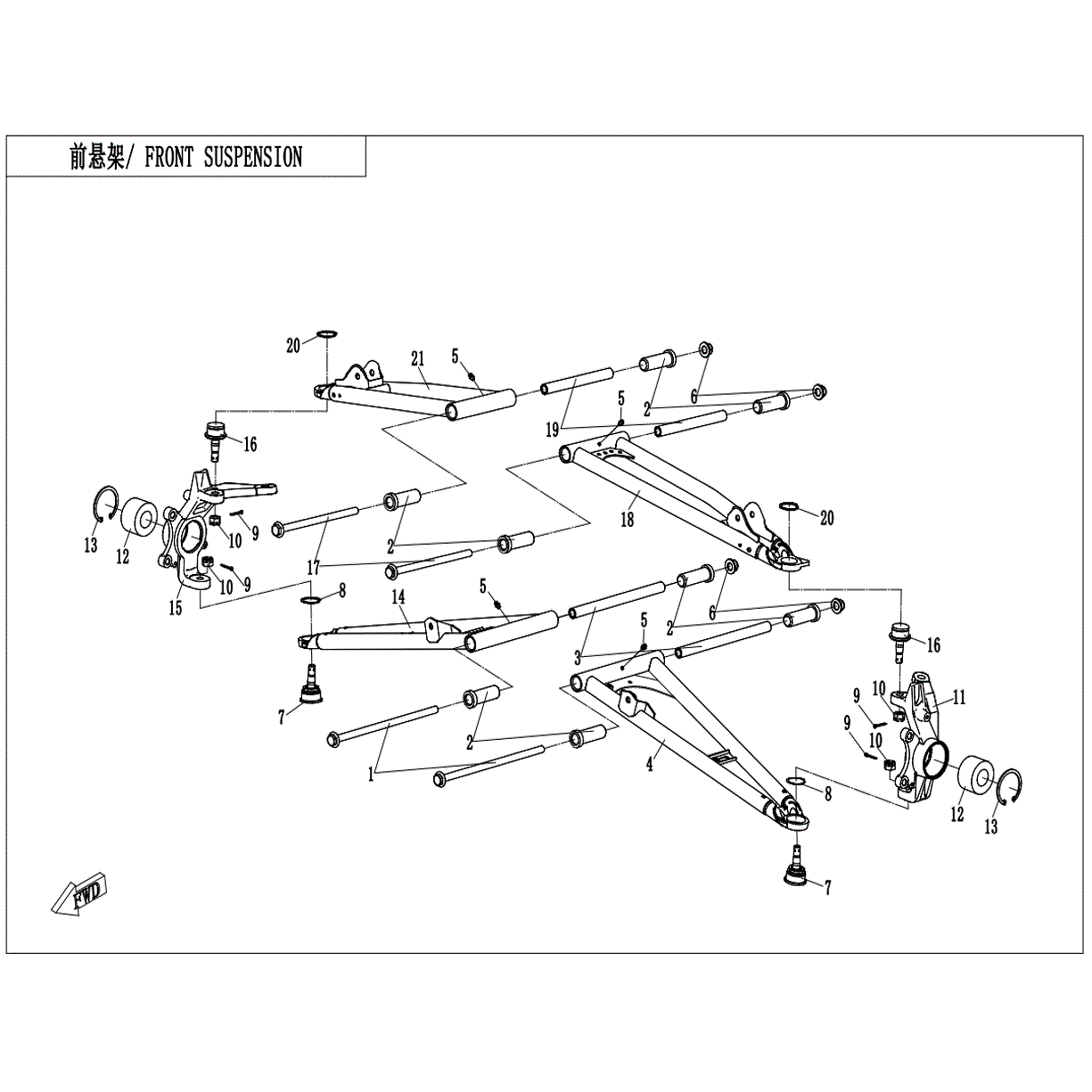 An Image of a Genuine CFMOTO Parts Schematic Diagram showing the schematic - FRONT SUSPENSION - 2022 CFMOTO ZFORCE 950 HO Sport