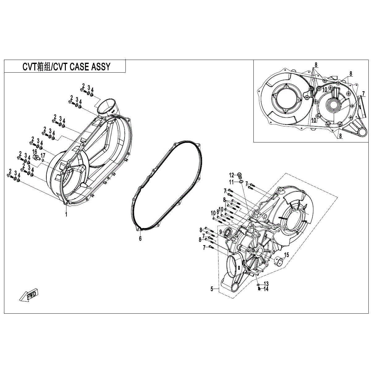 An Image of a Genuine CFMOTO Parts Schematic Diagram showing the schematic - CVT CASE ASSY - 2024 CFMOTO ZFORCE 950 HO EX