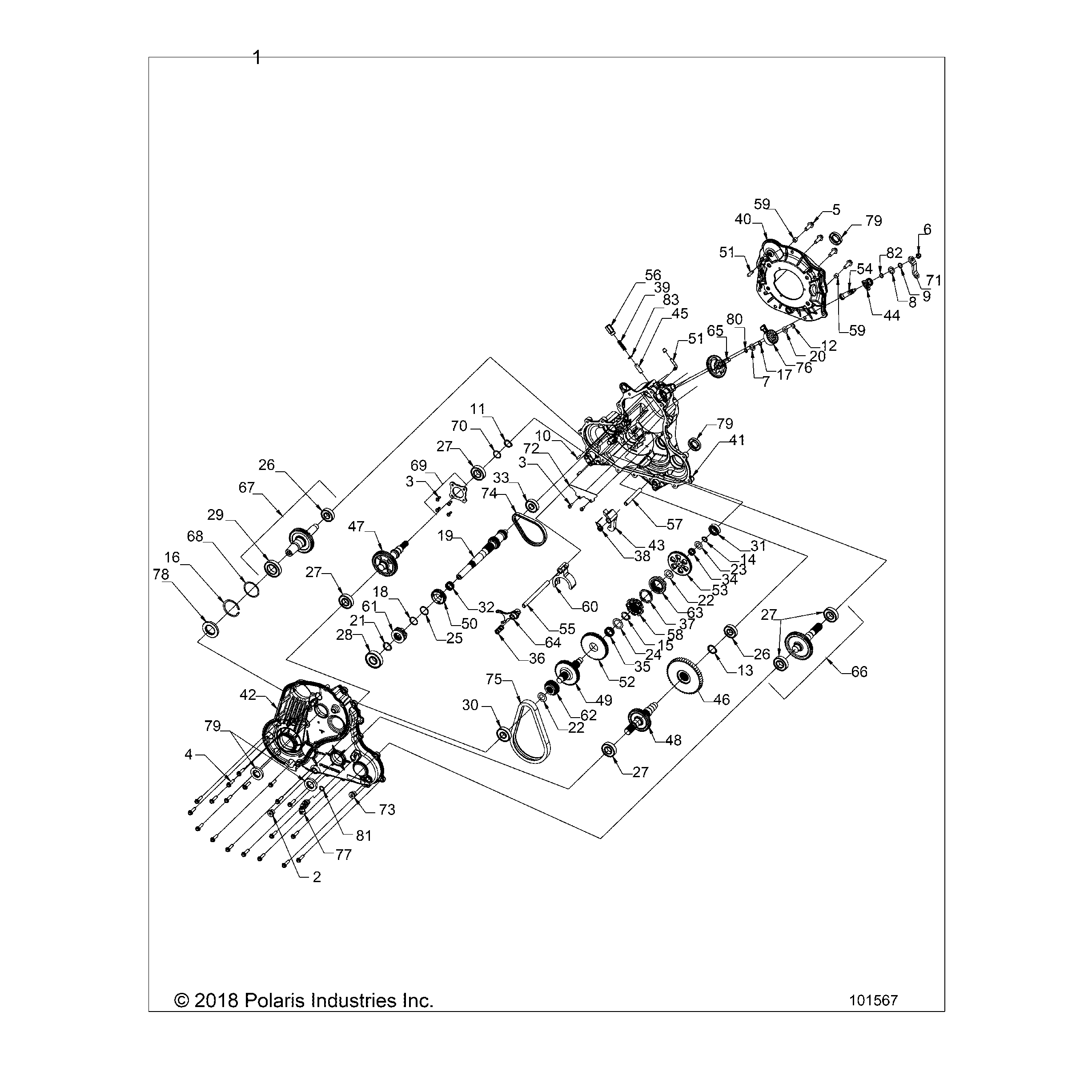 An Image of a Genuine Polaris Parts Schematic Diagram showing the schematic - DRIVE TRAIN: MAIN GEARCASE - 2021 POLARIS SPORTSMAN 850 HIGH LIFTER