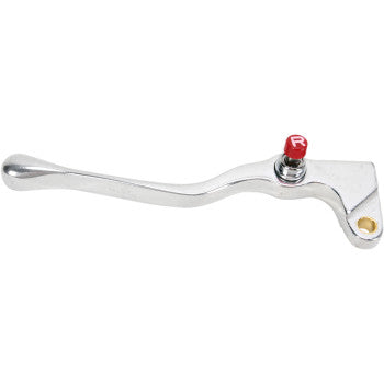 The Clutch Lever Polished by Parts Unlimited is a silver metal motorcycle brake lever featuring a red R knob and a mounting hole on one end, shown against a white background.
