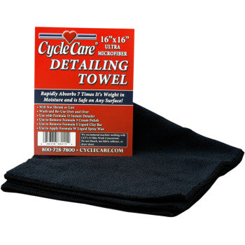 A black 16 x 16 Micro Fiber Towel by Cycle Care Formulas, made in USA, is folded with a red and white product label on top, showcasing its absorbency and versatility for cleaning surfaces.