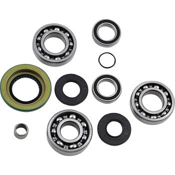 The Differential Bearing Seal Kit Front & Rear by Epi features assorted ball bearings, NBR seals, and washers of various sizes and shapes arranged on a white background; some oil-resistant bearings reveal visible steel balls.