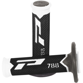 A pair of Pro Grip Cross Triple Density 788 Grips in black, white, and titanium, featuring non-slip grip and vibration reduction. Ideal for motorcycles or bikes. “788” printed on grips; displayed on a white background.