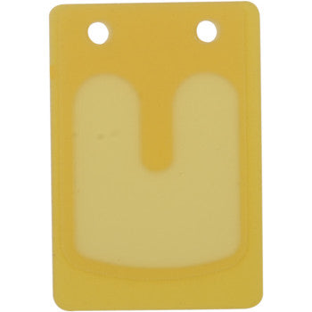The Kawasaki - Suzuki Power Reed Petal Set by Boyesen is a rectangular yellow plastic tag with two top round holes and a U-shaped lighter center, designed for dual-stage reed systems to enhance throttle response.
