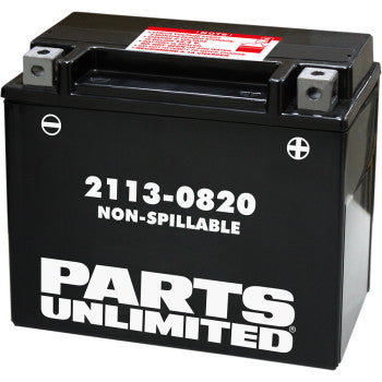 A black Parts Unlimited AGM Battery (CTX20HL), labeled “2113-0820” and “NON-SPILLABLE” on the front, features positive and negative terminal symbols visible on the top.
