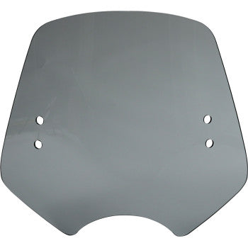 A black smoke, slightly curved rectangular motorcycle windshield—the Shooter Windshield by Memphis Shades—features four mounting holes (two per side) and a small curved cutout at the bottom center.