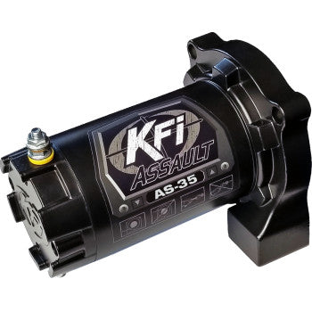 Assault Winch Motor 3500lb by KFI Products—features upgraded seals, mounting bracket, labeled logo, and visible terminals for a reliable replacement motor.