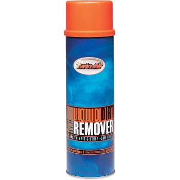The Liquid Dirt Remover 500ml Aerosol by Twin Air is a powerful air filter cleaner in a tall can with orange cap and blue label, formulated to dissolve dirt from Twin Air and other foam filters.