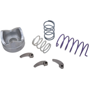 The Clutch Kit by Epi, featuring a metal hub, three curved levers, and three color-coded coiled springs for enhanced throttle response, is shown on a plain white background.