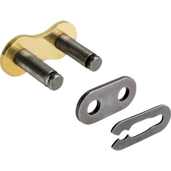 The 520 RH2 Series Clip Connecting Link by Regina features a gold outer plate with two pins, a gray inner plate with two holes, and includes a spring clip—ideal as a replacement connecting link for your chain.