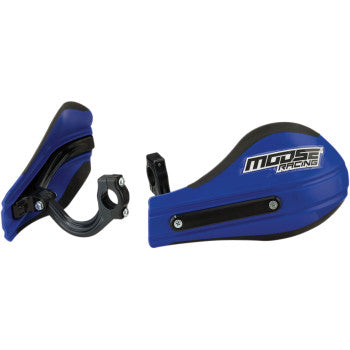 The Roost 2 Hand Guards Blue by Moose Offroad feature blue and black plastic with metal mounting brackets, a white Moose Racing logo, an adjustable deflector, and are designed for motorcycles or dirt bikes.
