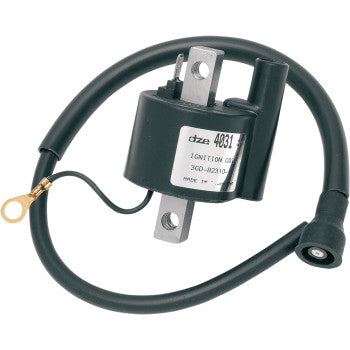 Black cylindrical ignition coil with attached black cable and metal mounting brackets.