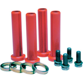 The A-Arm Bushing Kit Front by Epi includes four red cylindrical bushings, four metal washers, and four black bolts with washers—ideal for right or left side installation with OEM-quality fit.