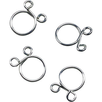 Wire Clamp Refill Kit Silver 4 Pack by All Balls—four shiny metal loops with double swirl design, ideal as OEM fuel line clamps for a polished look and secure fit.