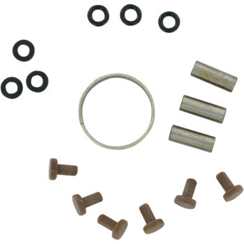 Clutch rebuild kit with metal pins, brown screws, black washers, and a silver snap ring for UTV offroad vehicles.
