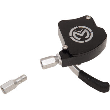 The ATV Thumb Throttle Black by Moose Offroad is a black billet aluminum lever with a silver logo and two silver threaded connectors (one attached, one separate), designed for use with a 44 mm carburetor or thumb throttle cable, shown on white.