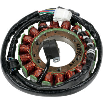 Copper coil stator with black wiring harness and white plastic connector, designed for Yamaha Rhino 660F models.