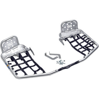 The Kawasaki - Suzuki Heel Guard Nerf Bar With Black Webbing by DG Performance features lightweight aluminum tubing, black webbing, integrated heel guards for protection and support, plus mounting brackets and screws, shown on a white background.