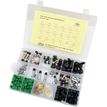 The Valve Stem Kit Assortment by K&L Supply is a plastic storage box with compartments holding small hardware like a valve stem repair tool, tire valve stems, nuts, green and black parts, and has a yellow parts list on the lid.