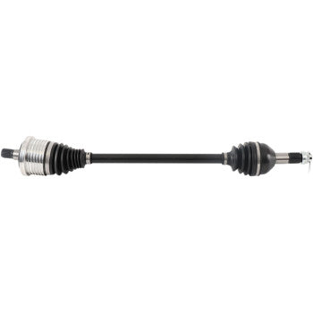 Black steel rear axle shaft with rubber boot covers and silver metal CV joints on both ends.