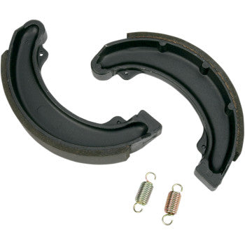 Black curved Honda brake shoes with textured friction surface and two small metal springs.