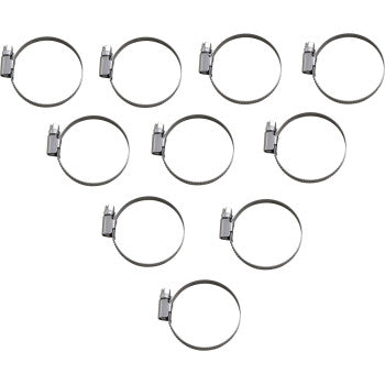 Ten Parts Unlimited Embossed Hose Clamps (32-50 mm) are arranged in a V-shape on a white background. Each corrosion-resistant clamp features a low-profile head and screw for easy adjustment.