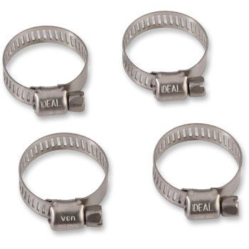 Four Moose Offroad Clamp Hose Stainless Steel 10-27 mm clamps are arranged in a square on a white background. Each of the 4-pack clamps is slim for tight spaces and labeled IDEAL and USA.