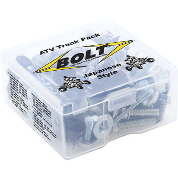 Clear plastic box labeled ATV Track Pack Kit by Bolt, includes a factory-style fastener kit with hex flange bolts, nuts, washers; features black and yellow Japanese ATV graphics and a parts list on the side.