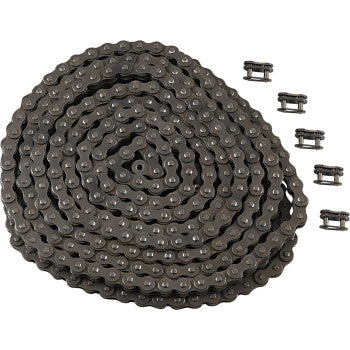 The M520 Standard Bulk Chain 25 Feet by RK, a coiled metal roller chain made from medium carbon alloy steel, is displayed with four separate master links beside it on a white background.