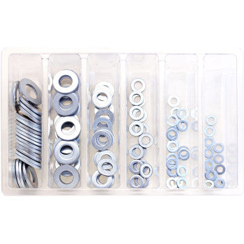The Washer Assortment Flat by Bolt is a plastic organizer box with six compartments, each containing Grade 5 hardware washers in assorted sizes arranged from largest on the left to smallest on the right.
