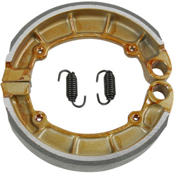 The Brake Shoes by Ebc feature metallic construction with bonded brake linings and include two original-style springs, displayed within the circular opening on a white background.