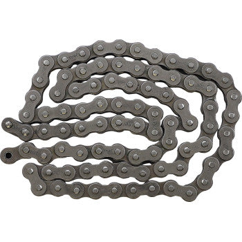 The EK 420 Standard Non Sealed Chain with 86 interlocking links, solid rollers, and circular pins is shown coiled in a loose spiral on a plain white background.