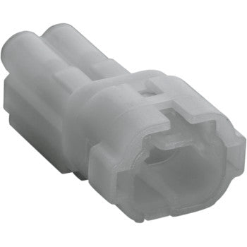 A close-up of the HM Series Connector 2 Position Male by Namz, a translucent white cylindrical plastic connector with two internal slots, ideal for custom electronic wiring applications.