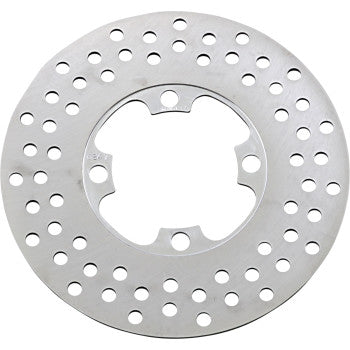 The Yamaha UTV Brake Rotor by Ebc is a round, silver carbon steel disc with evenly spaced scraper holes and a cut-out center for mounting, designed to enhance rotor and brake pad life in Yamaha UTVs.