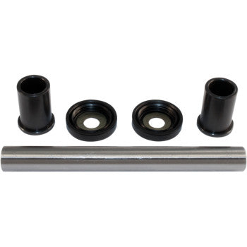 An A-Arm Repair Kit Front Upper by Epi, including a metal rod, two black cylindrical bushings, and two circular rubber seals, is displayed on a white background.