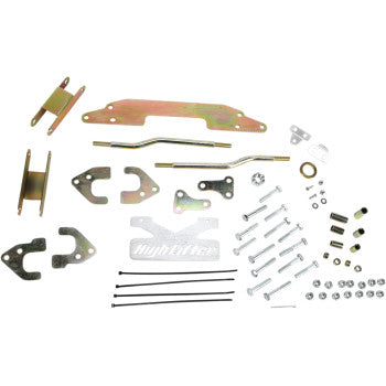 The Lift Kit Front Back 1.50 by High Lifter includes assorted metal brackets, plates, rods, bolts, nuts, and zip ties—perfect for ATV lift kit installs or clearance projects—displayed on a white background.