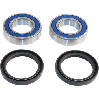 The Kawasaki Mule Wheel Bearing Kit Front by Epi features two high-speed bearings with blue seals and two black double lip seals, arranged in two rows on a white background for reliable performance.