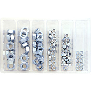 The Nut Assortment Hex by Bolt is a plastic organizer with six compartments, each filled with metal hex nuts in various popular metric sizes—ideal for sorting and storing metric nut assortments.