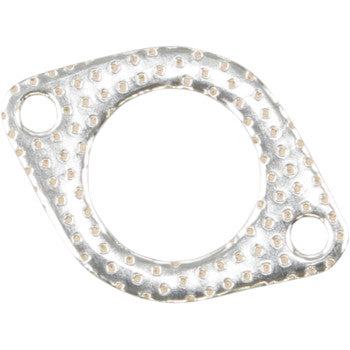 The Polaris Exhaust Gasket by Cometic features a metallic, oval-shaped design with two bolt holes and a dimpled surface for high-temperature, leak-free sealing—perfect for exhaust gasket kits in machinery or automotive applications.