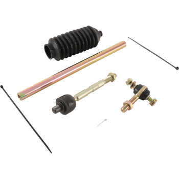 The Tie Rod End Kit by Moose Offroad includes a metal rod, tie-rod ends, black rubber boot, stabilizer link assembly, small pin, and two black zip ties, all arranged on a white background.