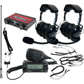 The Intercom Radio and Headset Kit 2 Seat Black by Navatlas includes a noise cancelling headset, two headsets with microphones, dual band radio transceiver, antenna, cables, connectors, and control box—displayed on a white background.