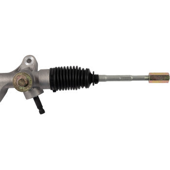 Close-up of the Steering Rack by Moose Offroad, highlighting the metallic rod, rubber boot, mounting points, and tie-rod ends—key components in automotive steering systems.
