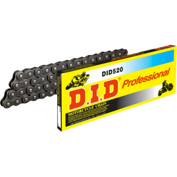 The 520 Standard Drive Chain 98 Links by Did is shown beside its yellow, red, black, and blue branded packaging featuring motorcycle graphics.